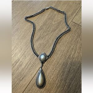 Silver and Pearl Antique Teardrop Engraved Necklace